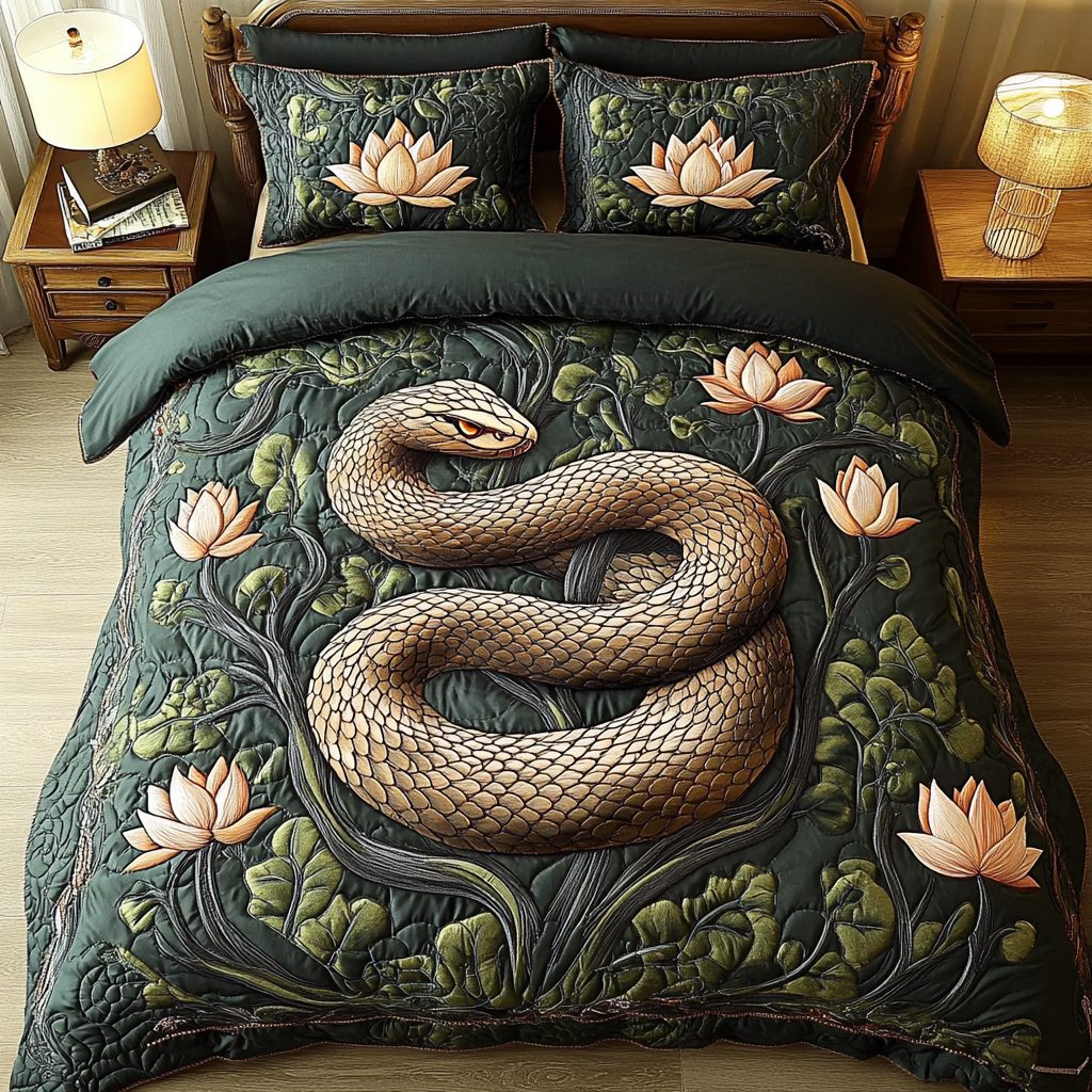 Coiled Charm quilted 3-piece bedding set on a made bed with two matching pillow shams