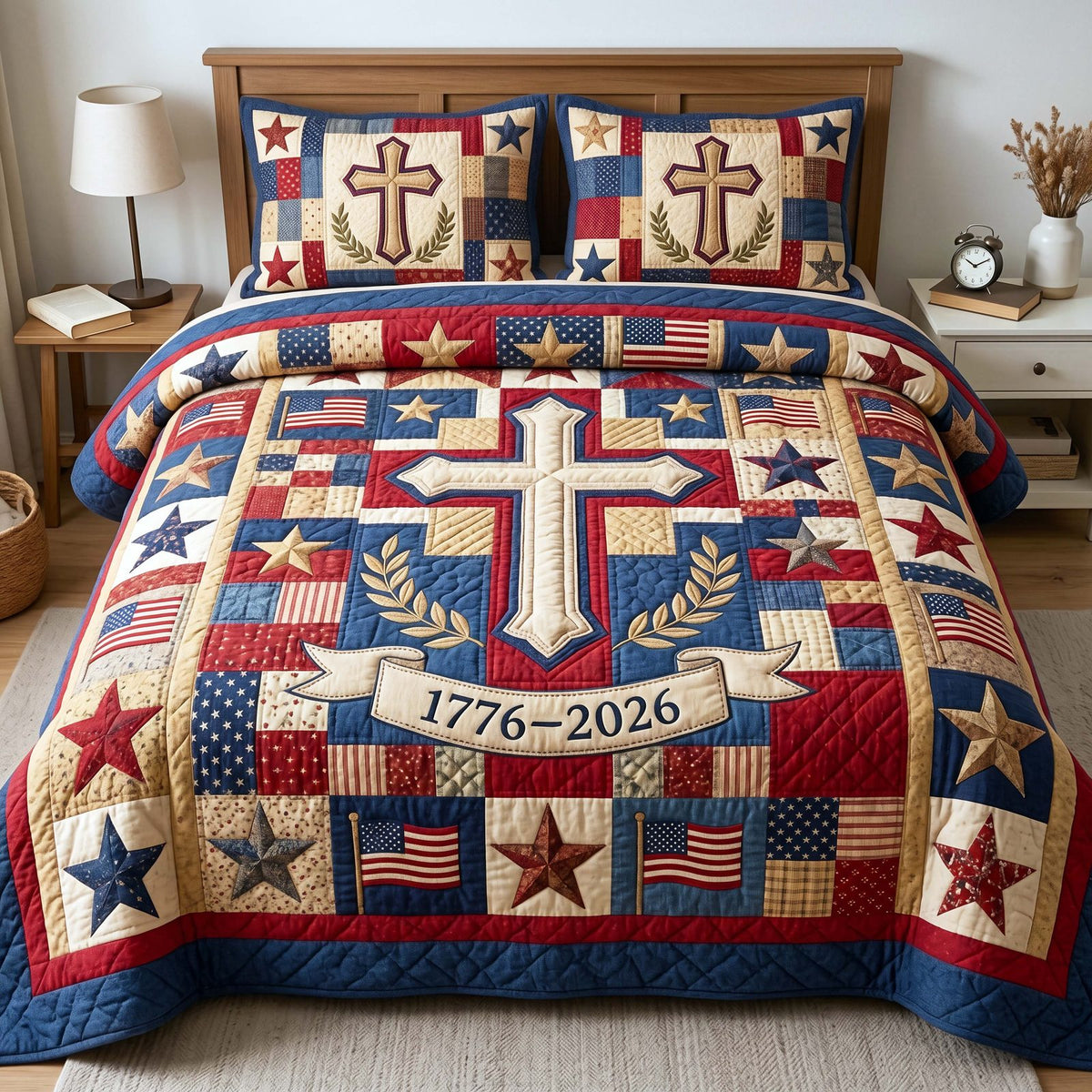 Colonial Cross quilted 3-piece bedding set on a made bed in a softly lit bedroom