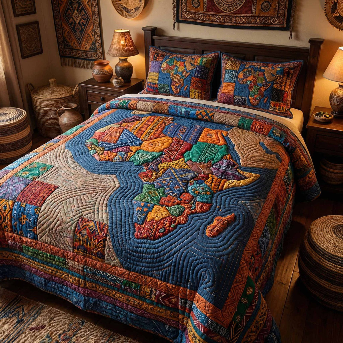 Color Africa quilted 3-piece bedding set on a made bed with two matching pillow shams