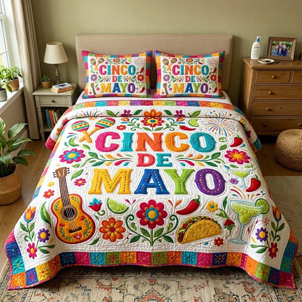 Color Tiles quilted 3-piece bedding set on a made bed with two matching pillow shams