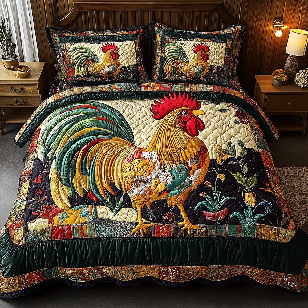 Colorburst Cock quilted 3-piece bedding set on a made bed with two matching pillow shams
