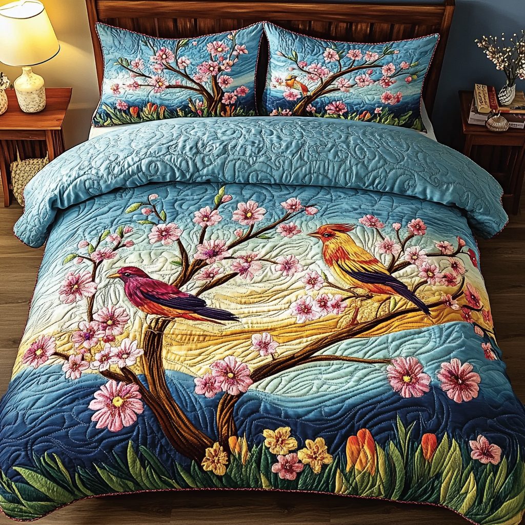 Colorful Birds quilted 3-piece bedding set on a made bed with two matching pillow shams
