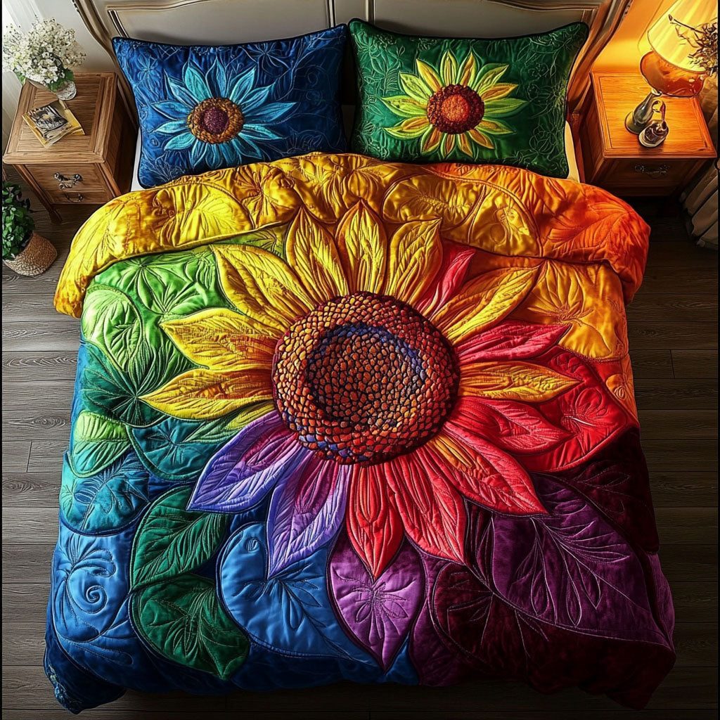 Colorful Blooms quilted 3-piece bedding set on a made bed with two matching pillow shams