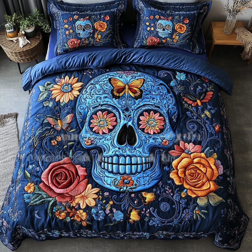 Colorful Bones quilted 3-piece bedding set on a made bed against a dark styled interior