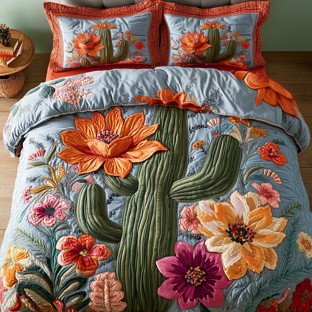 Colorful Cactus quilted 3-piece bedding set on a made bed with two matching pillow shams