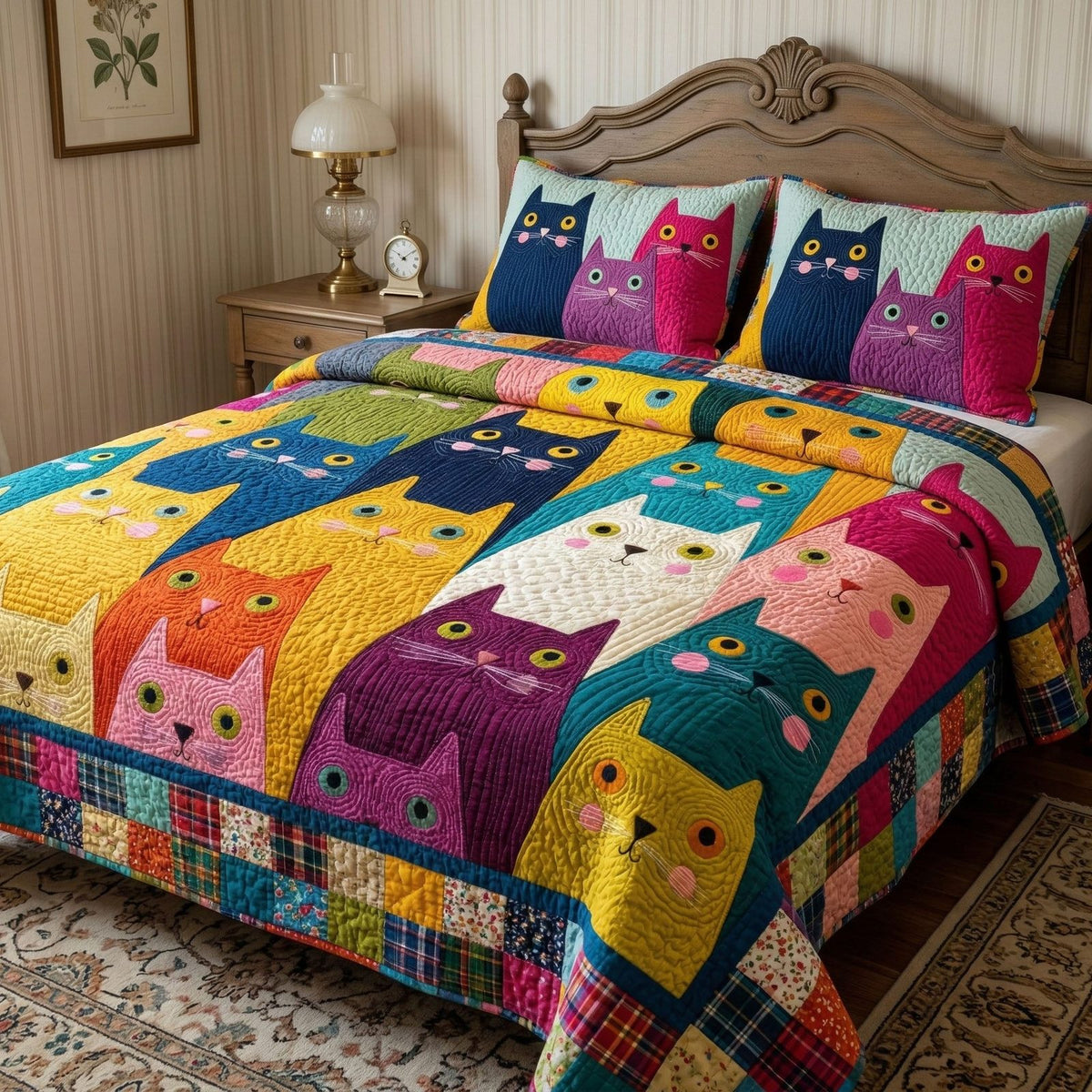 Colorful Cat Parade quilted 3-piece bedding set on a made bed with two matching pillow shams