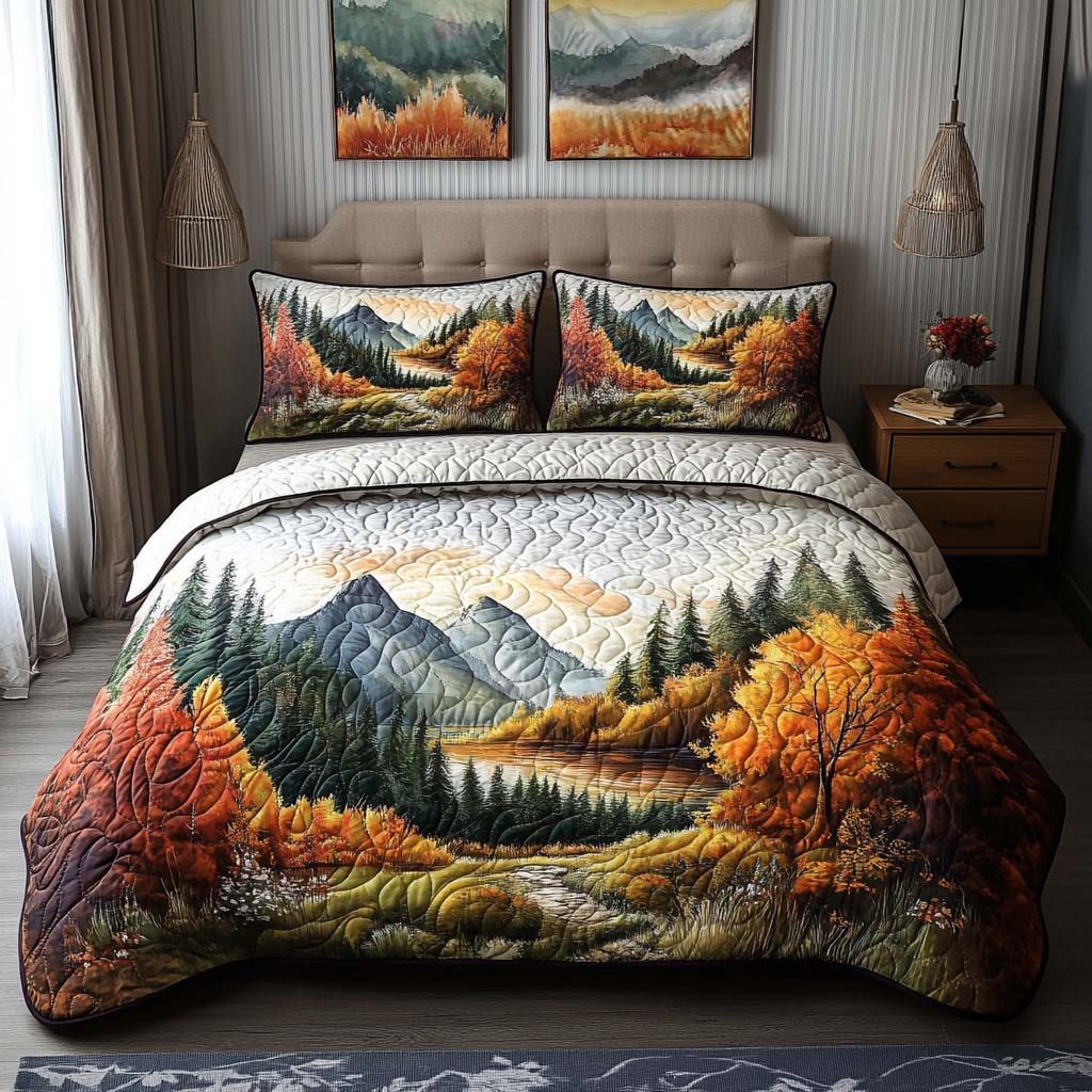 Colorful Fall Trail quilted 3-piece bedding set on a made bed with two matching pillow shams