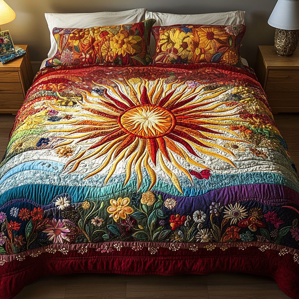 Colorful Fields quilted 3-piece bedding set on a made bed with two matching pillow shams