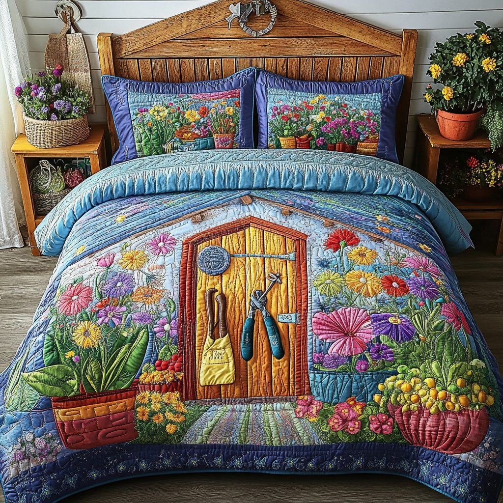 Colorful Garden quilted 3-piece bedding set on a made bed with two matching pillow shams