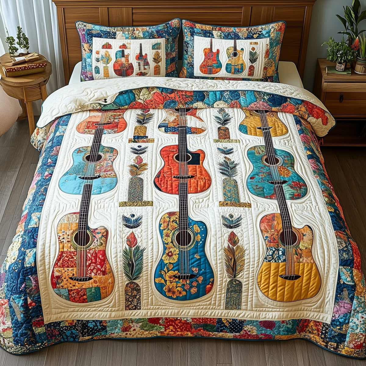 Colorful Guitars quilted 3-piece bedding set on a made bed with two matching pillow shams