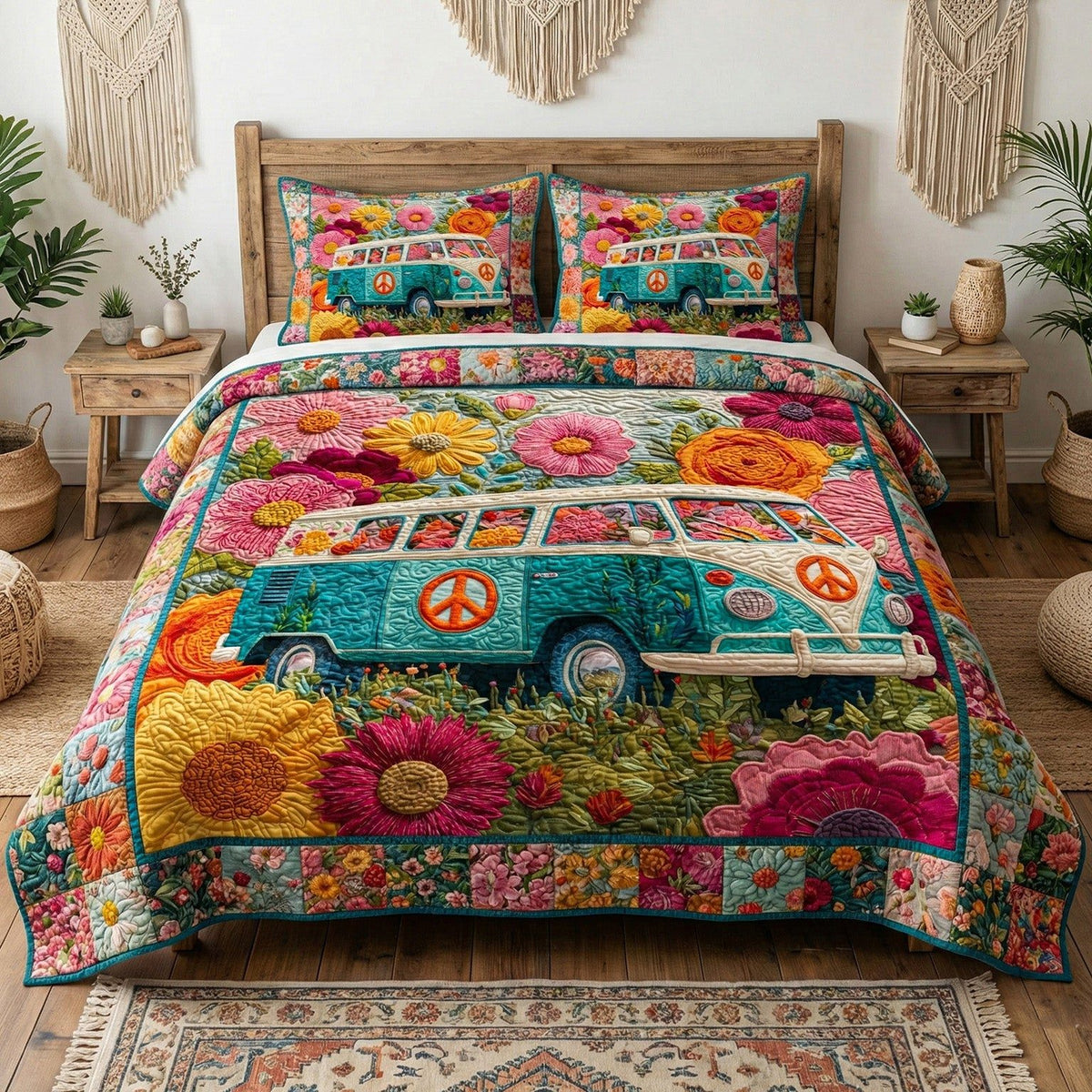 Colorful Horizon quilted 3-piece bedding set on a made bed with two matching pillow shams