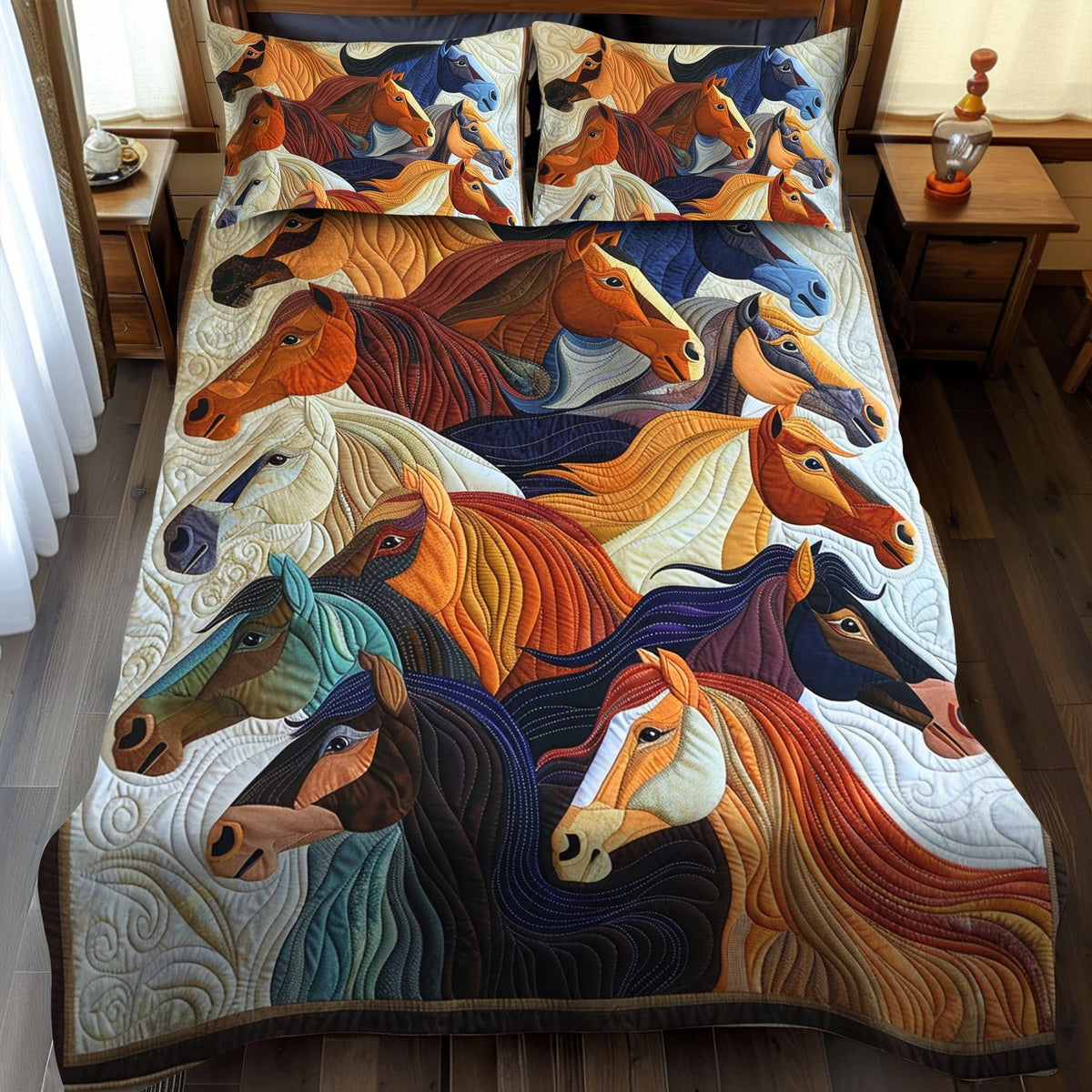 Colorful Horse quilted 3-piece bedding set on a made bed in a rustic timber bedroom