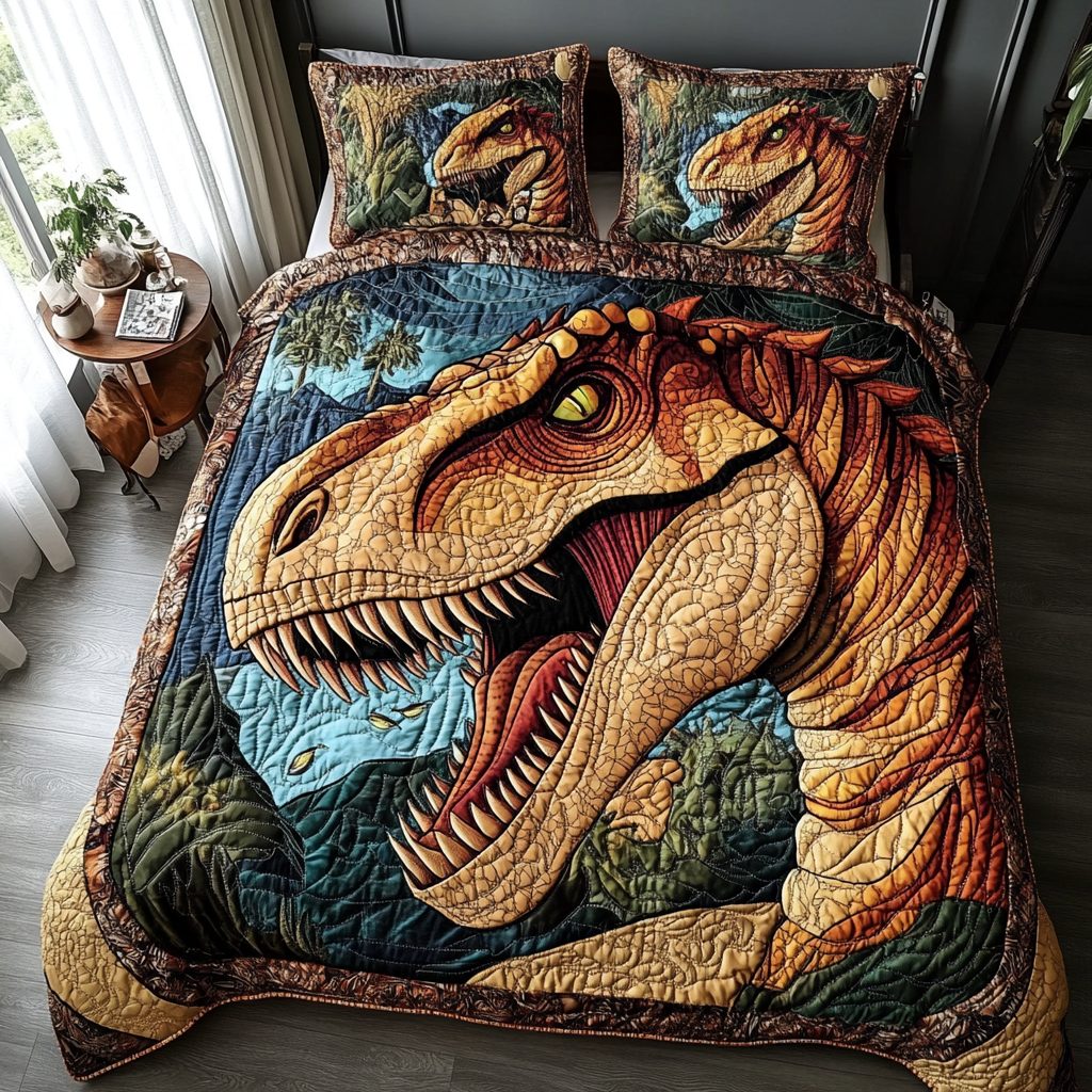 Colorful Hunter quilted 3-piece bedding set on a made bed with two matching pillow shams