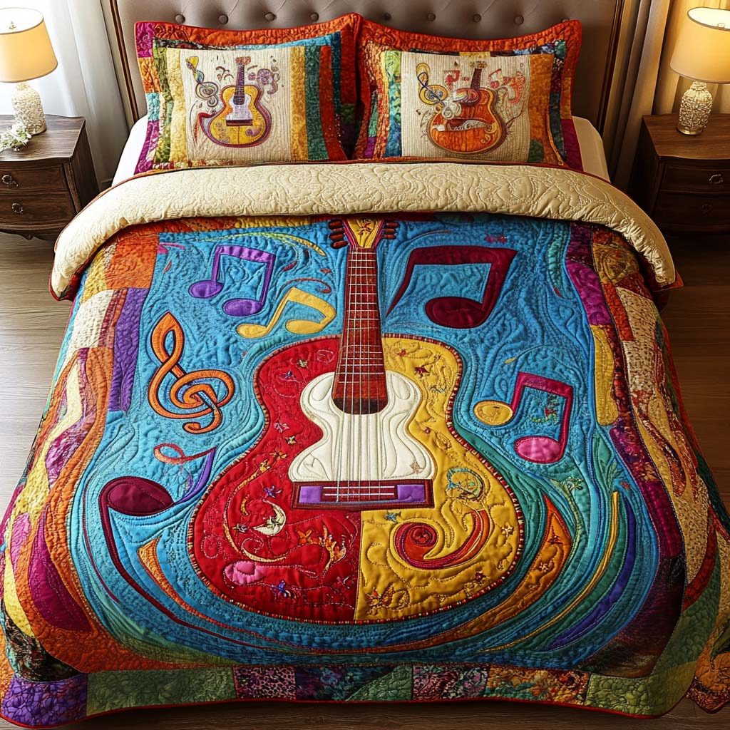 Colorful Notes quilted 3-piece bedding set on a made bed with two matching pillow shams