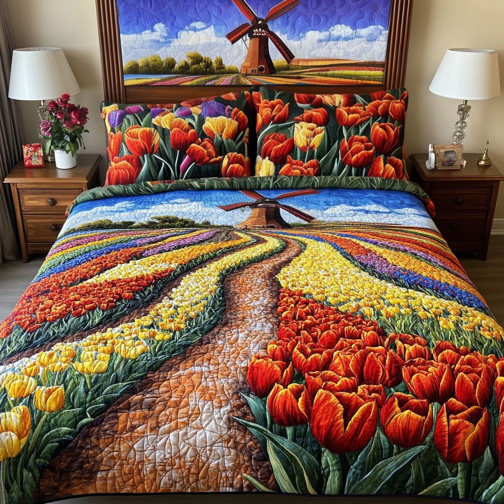 Colorful Pathway quilted 3-piece bedding set on a made bed with two matching pillow shams
