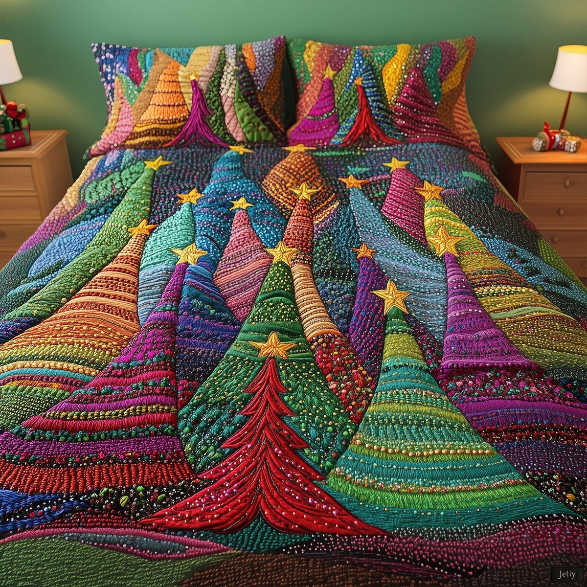 Colorful Pinescape quilted 3-piece bedding set on a made bed with two matching pillow shams