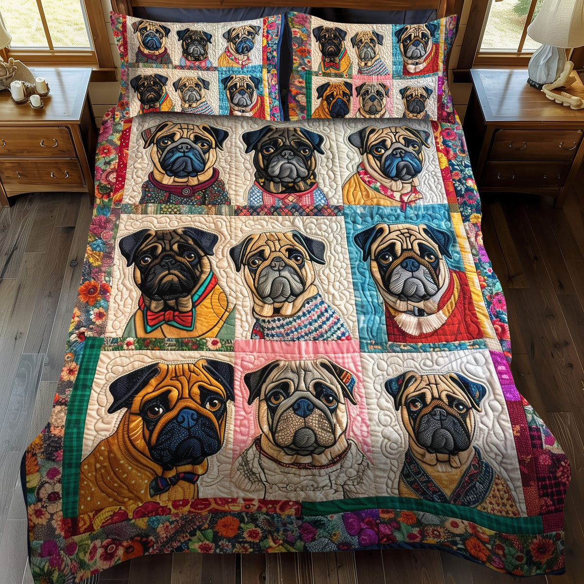 Colorful Pugs quilted 3-piece bedding set on a made bed with two matching pillow shams