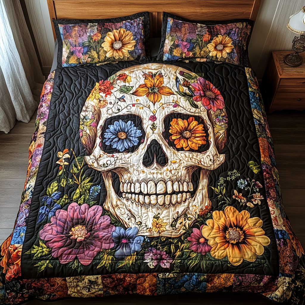 Colorful Skull Accent quilted 3-piece bedding set on a made bed against a dark styled interior