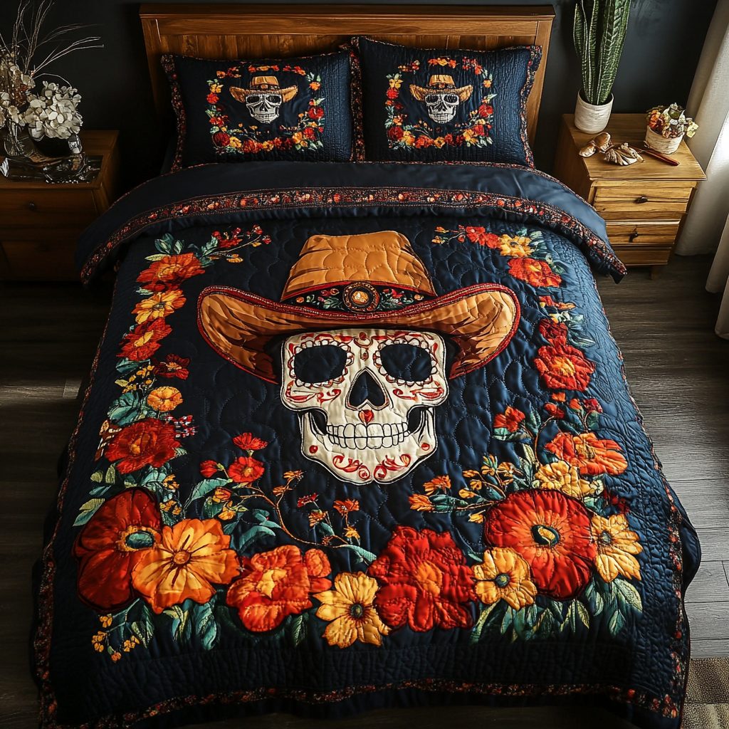 Colorful Skull quilted 3-piece bedding set on a made bed against a dark styled interior