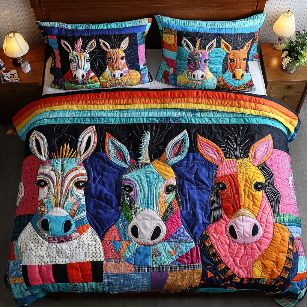 Colorful Stripes quilted 3-piece bedding set on a made bed with two matching pillow shams