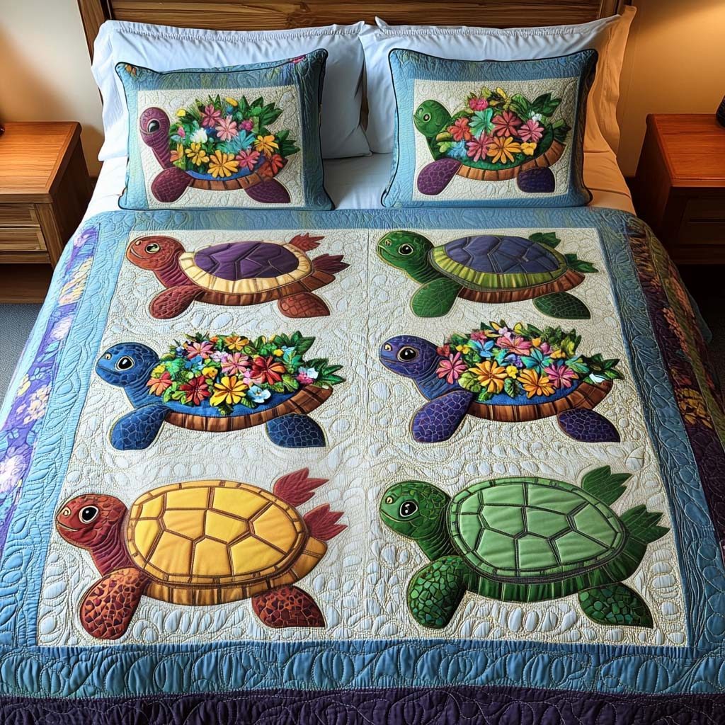 Colorful Stroll quilted 3-piece bedding set on a made bed with two matching pillow shams