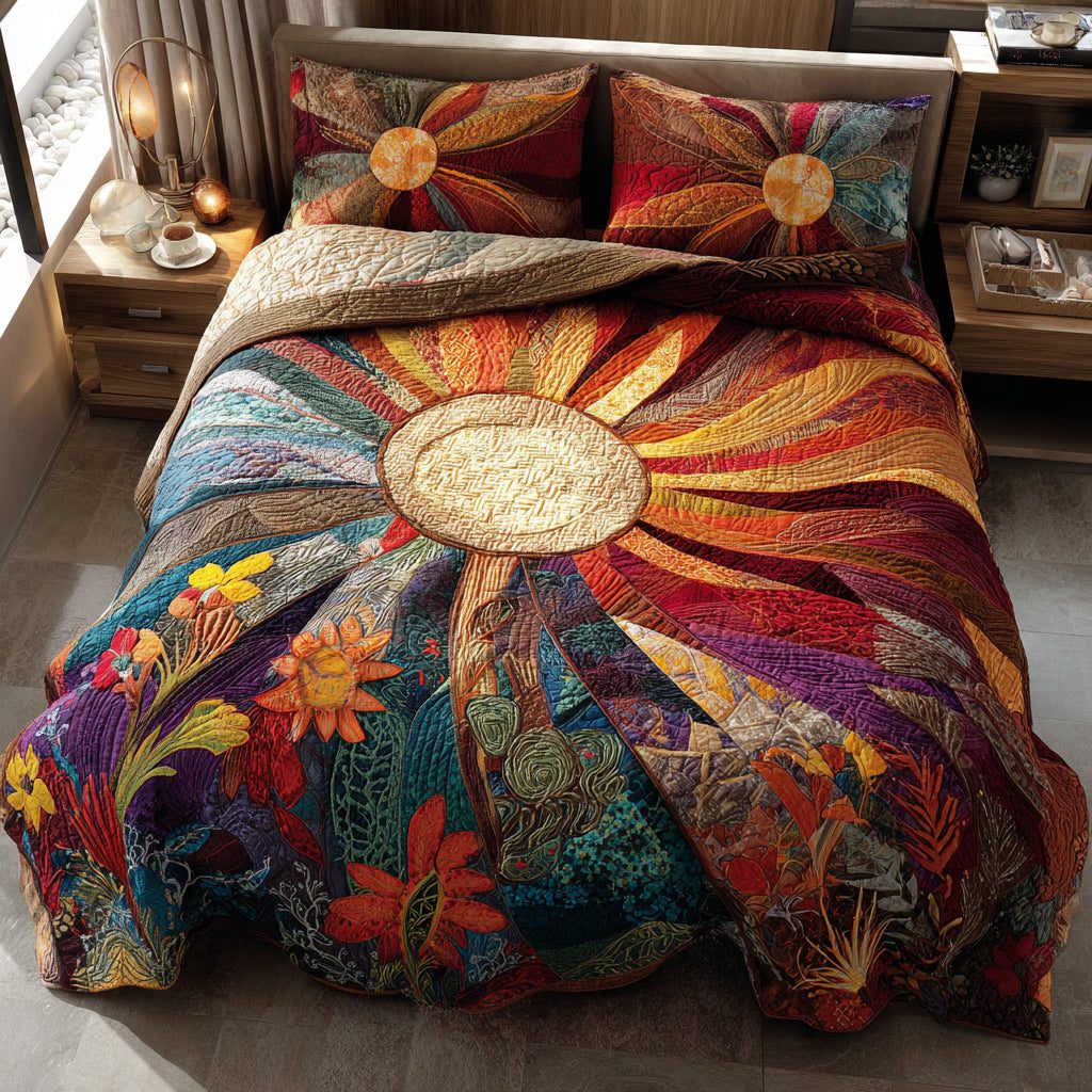 Colorful Sunburst Scene quilted 3-piece bedding set on a made bed with two matching pillow shams