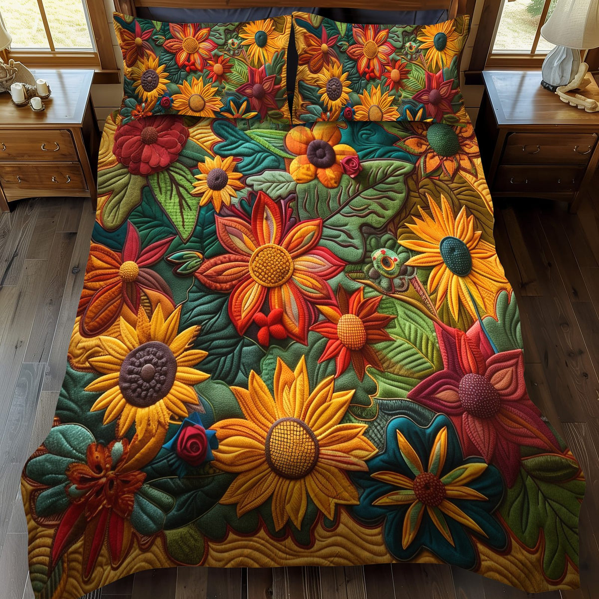 Colorful Sunflowers quilted 3-piece bedding set on a made bed with two matching pillow shams