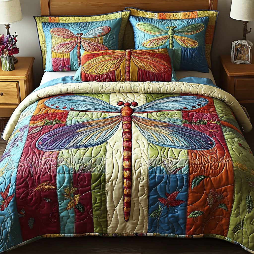 Colorful Wings quilted 3-piece bedding set on a made bed with two matching pillow shams