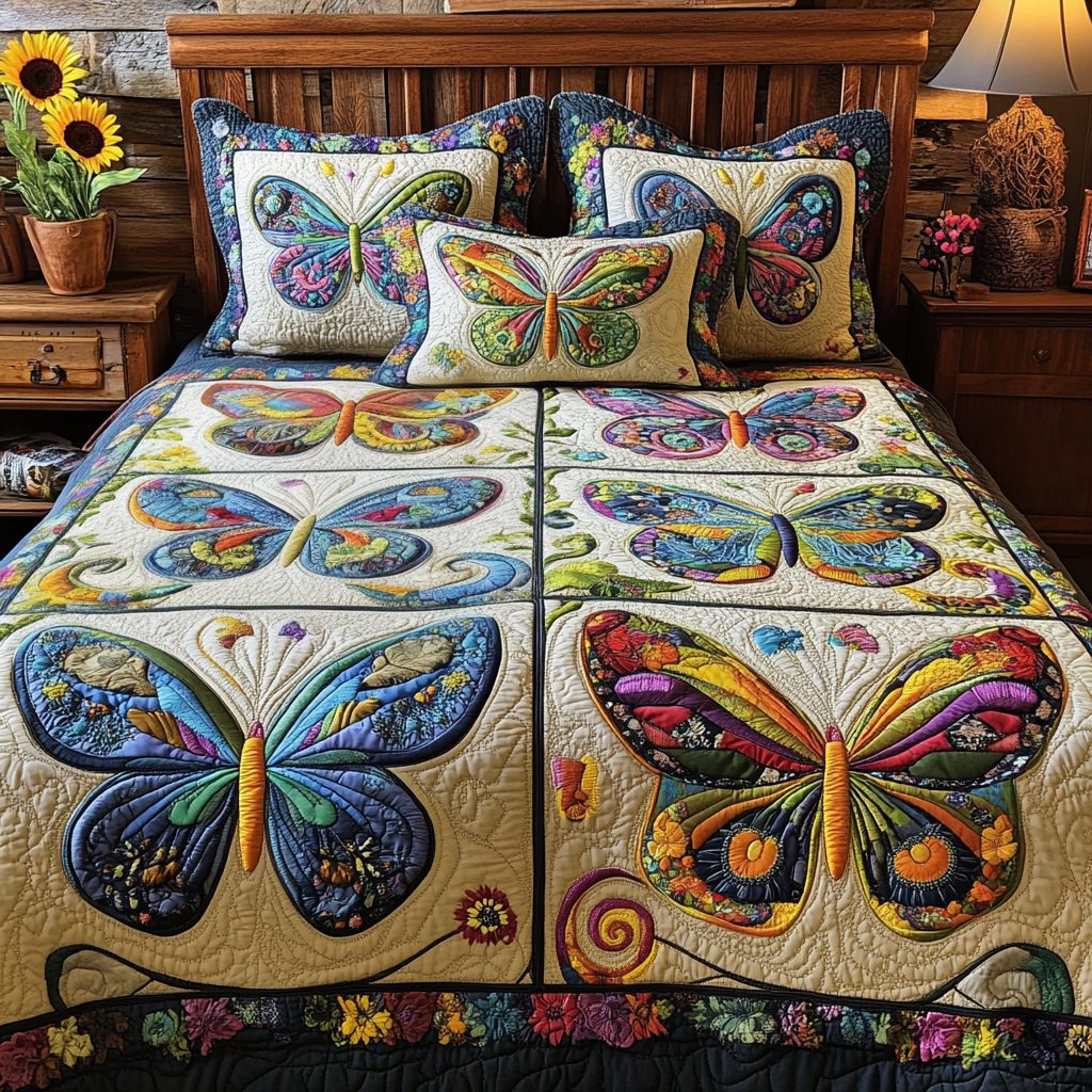 Colorful Wings quilted 3-piece bedding set on a made bed with two matching pillow shams