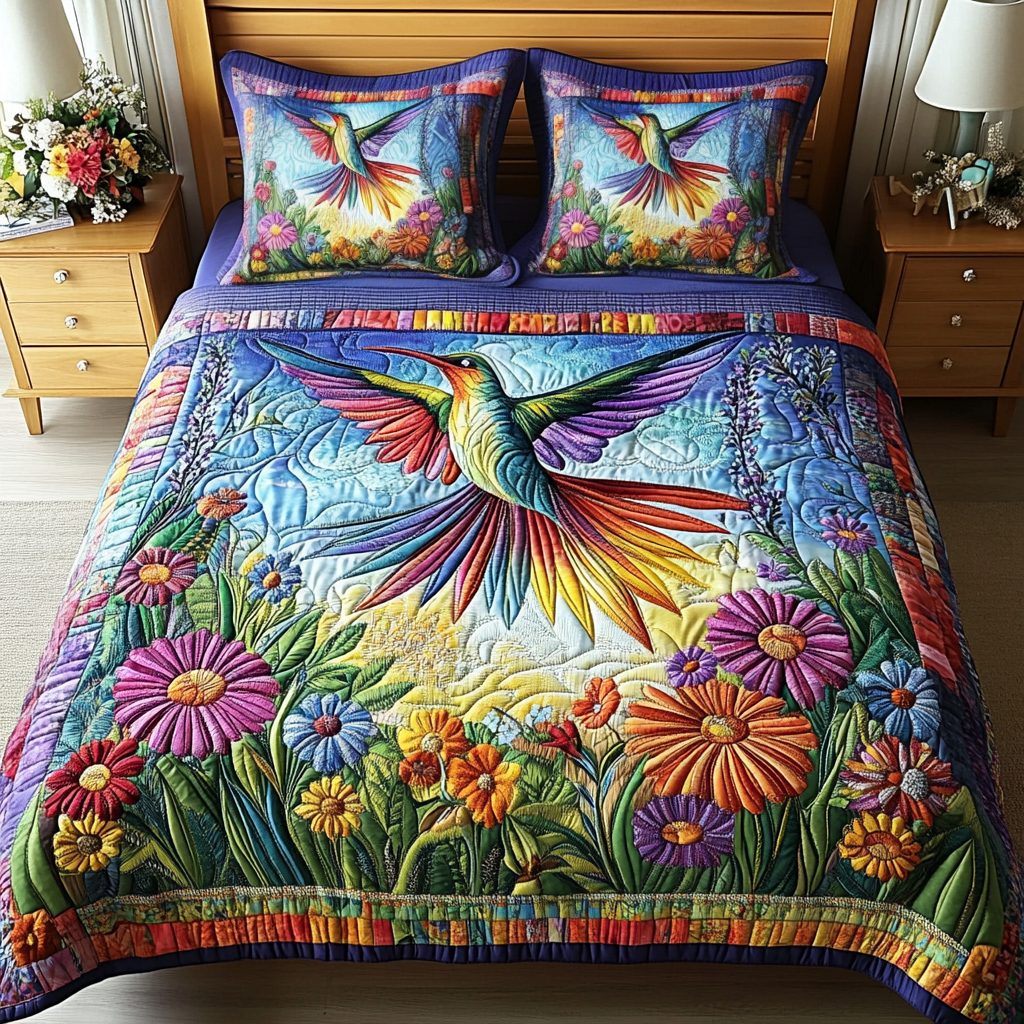 Colorful Wings quilted 3-piece bedding set on a made bed with two matching pillow shams