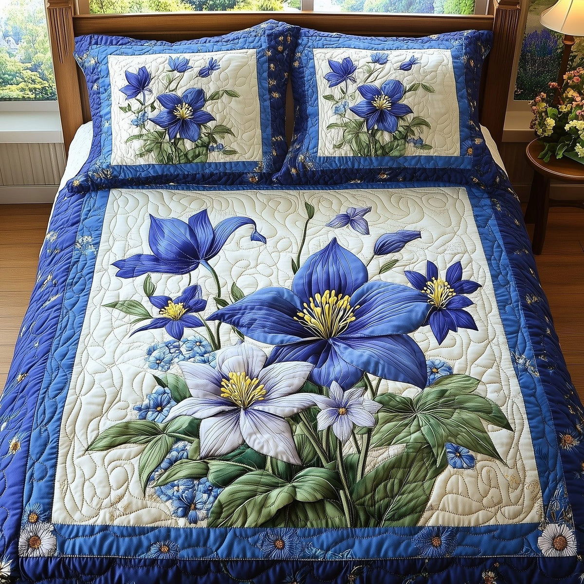 Columbine Charm quilted 3-piece bedding set on a made bed with two matching pillow shams
