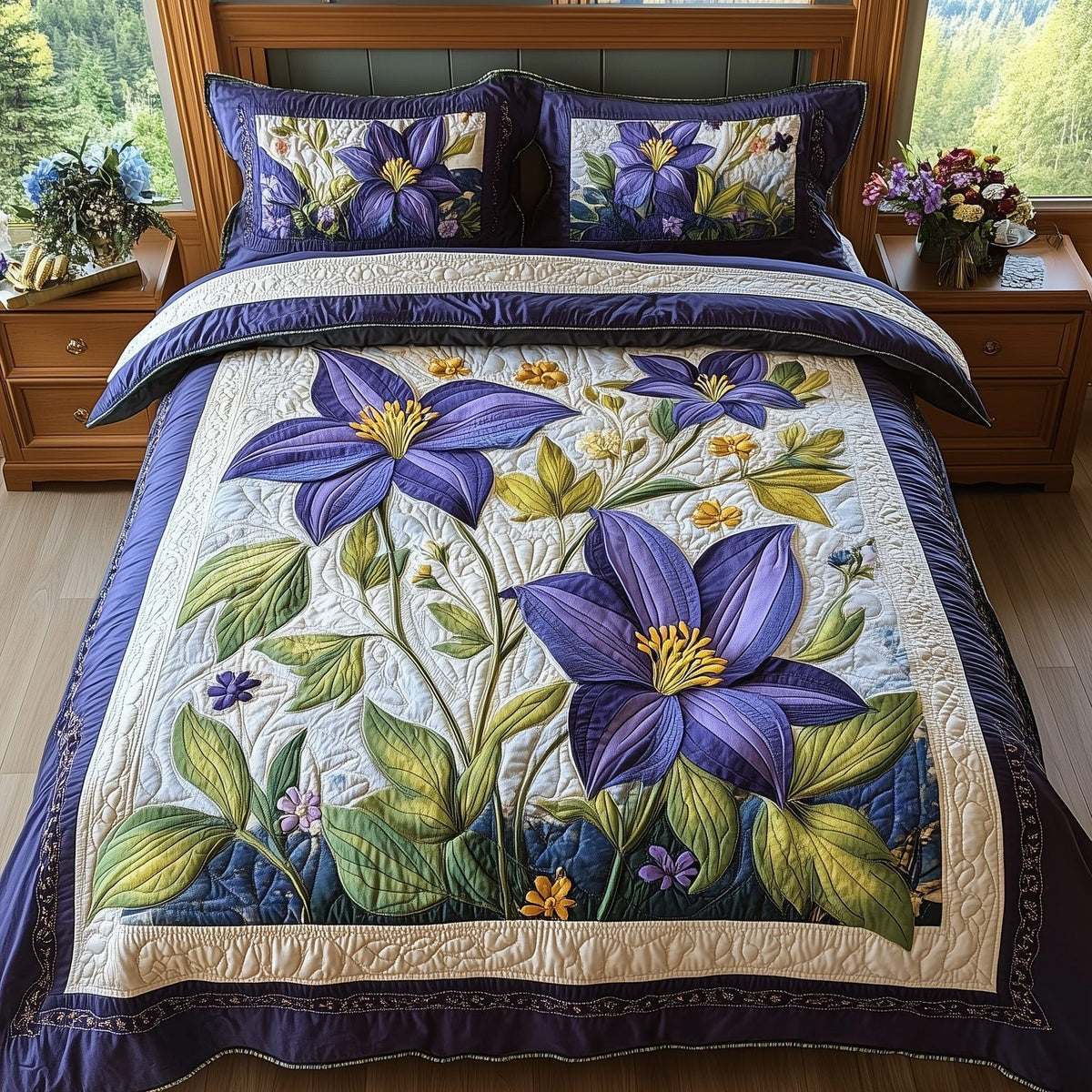 Columbine Charm quilted 3-piece bedding set on a made bed with two matching pillow shams