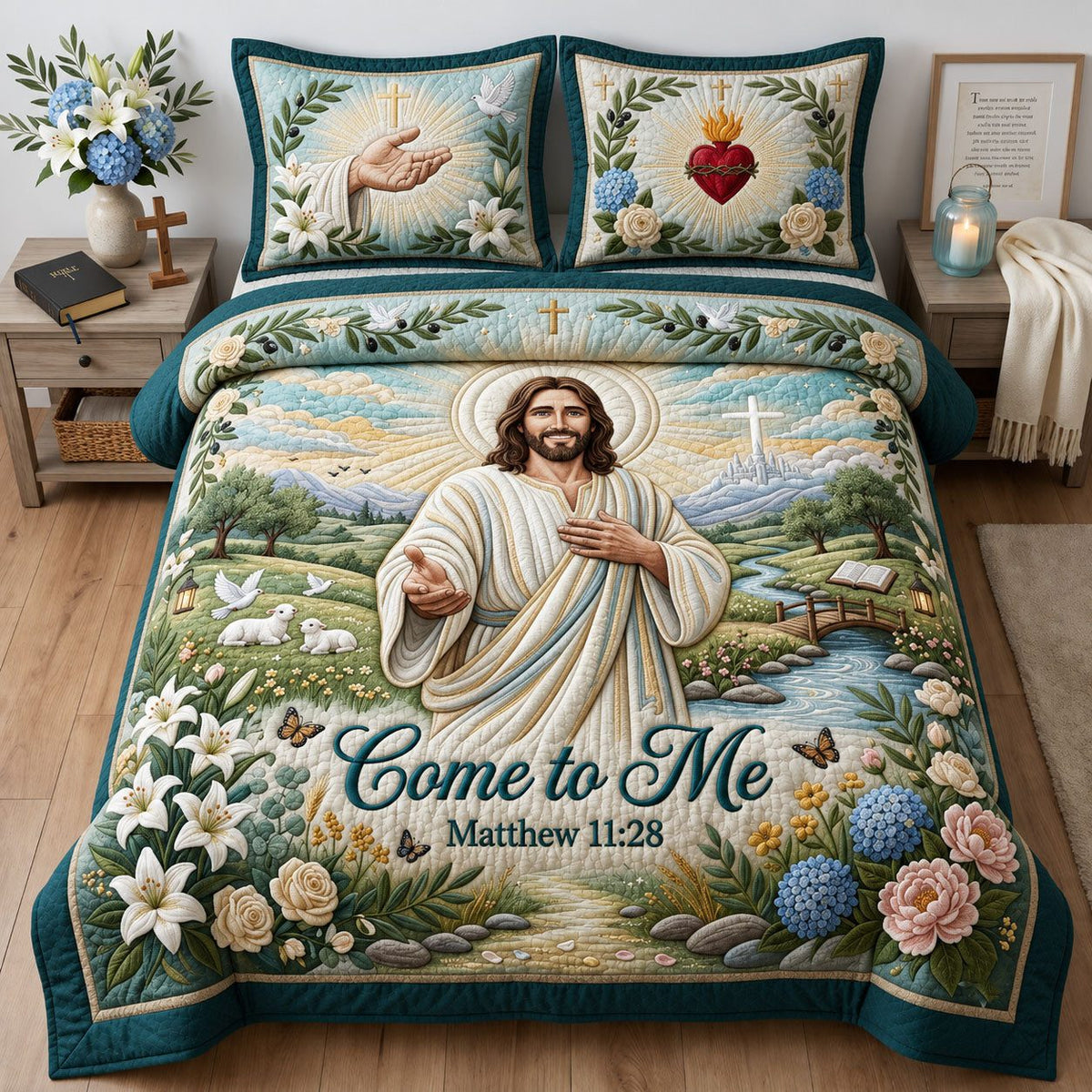 Come to Me quilted 3-piece bedding set on a made bed with two matching pillow shams