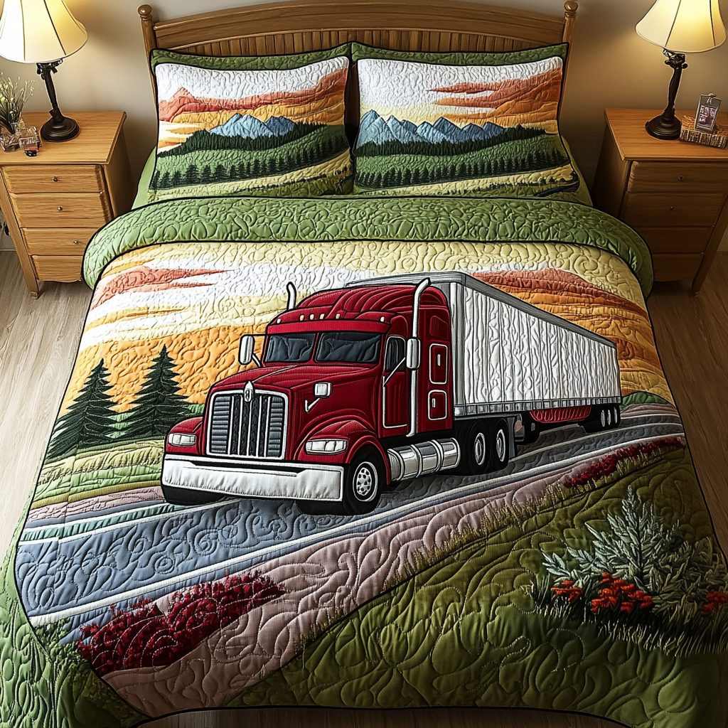 Container Truck Express quilted 3-piece bedding set on a made bed with two matching pillow shams