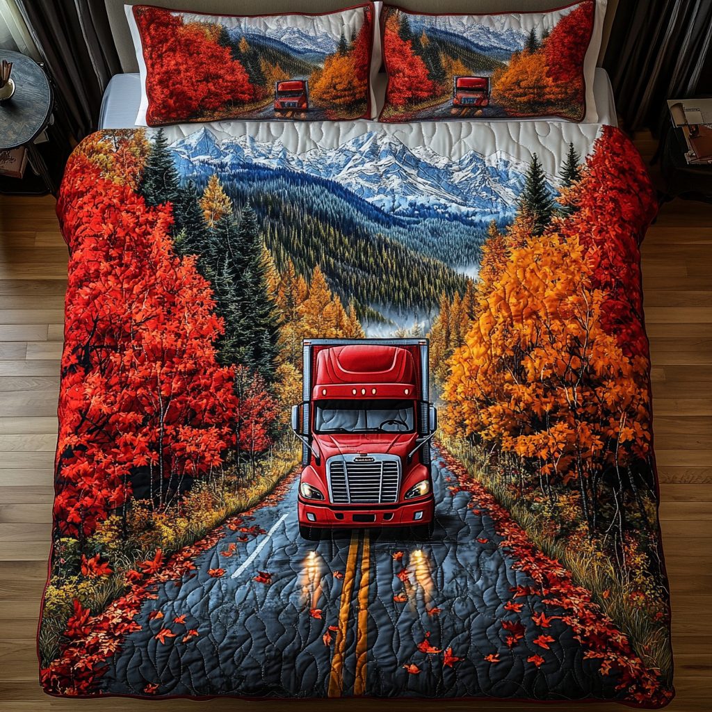 Container Truck Haul quilted 3-piece bedding set on a made bed with two matching pillow shams