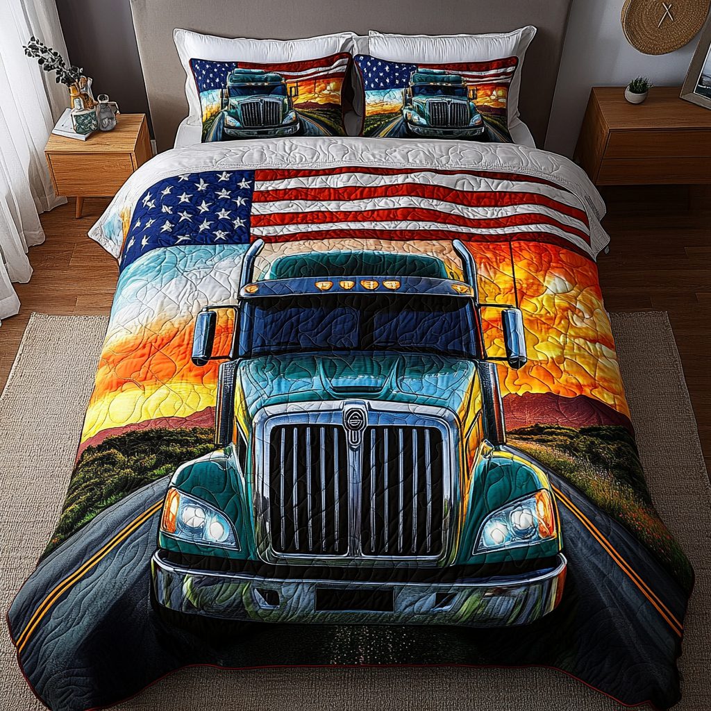 Container Truck Move quilted 3-piece bedding set on a made bed with two matching pillow shams