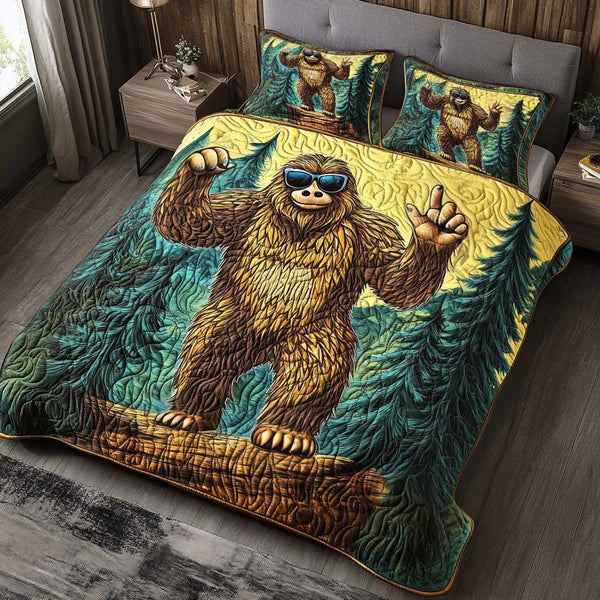 Cool Sasquatch quilted 3-piece bedding set on a made bed with two matching pillow shams