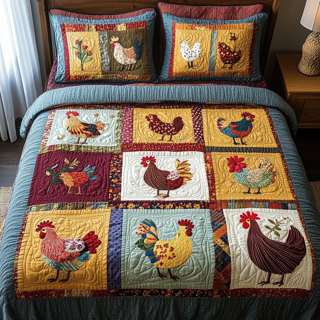 Coop Tales quilted 3-piece bedding set on a made bed with two matching pillow shams