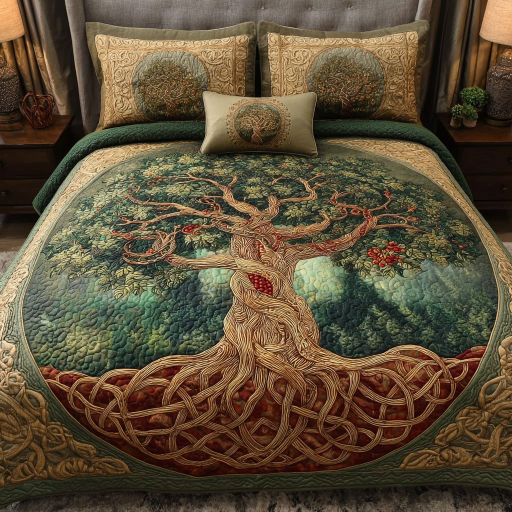Copper Heart quilted 3-piece bedding set on a made bed with two matching pillow shams