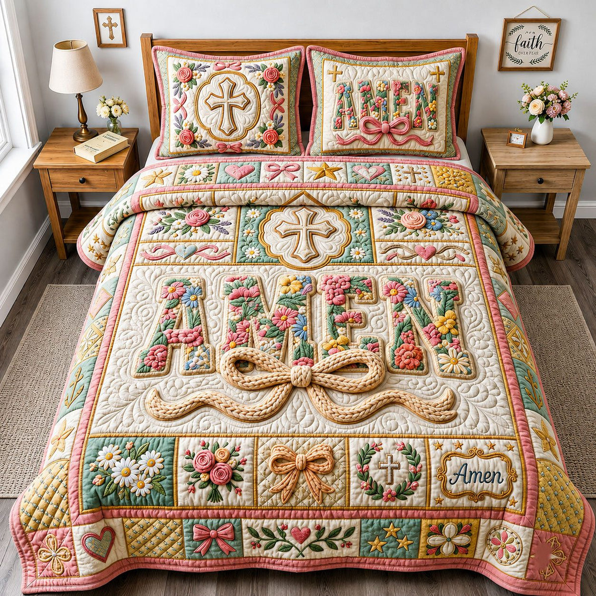 Coquette Amen Crochet quilted 3-piece bedding set on a made bed in a softly lit bedroom