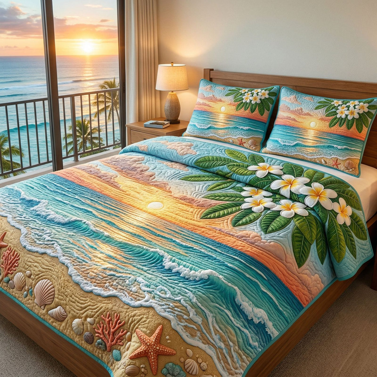 Coral Bliss quilted 3-piece bedding set on a made bed in a light coastal bedroom