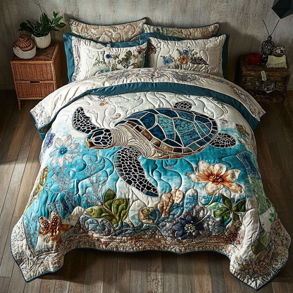 Coral Currents quilted 3-piece bedding set on a made bed in a light coastal bedroom