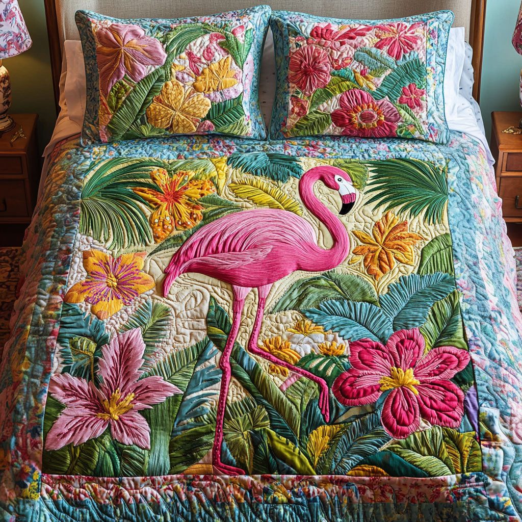 Coral Dancer quilted 3-piece bedding set on a made bed in a light coastal bedroom