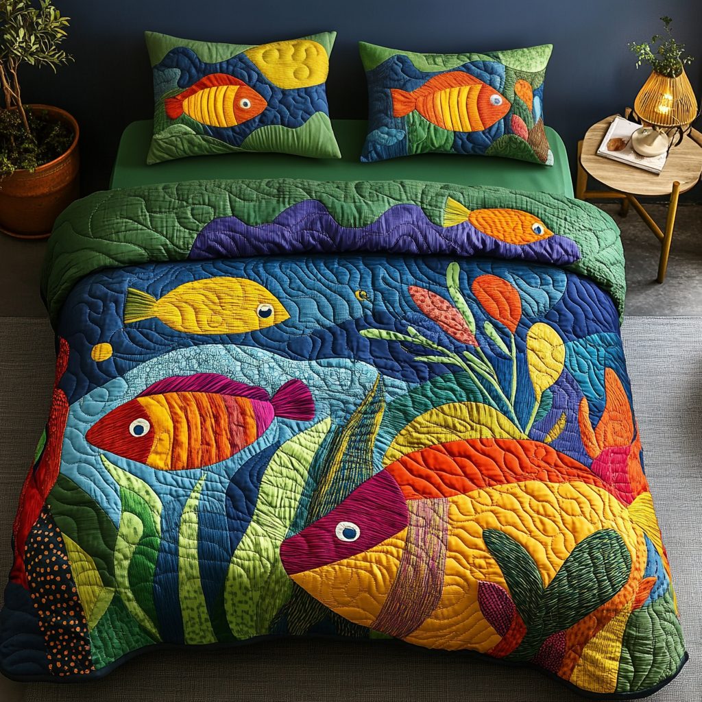 Coral Dreams quilted 3-piece bedding set on a made bed in a light coastal bedroom