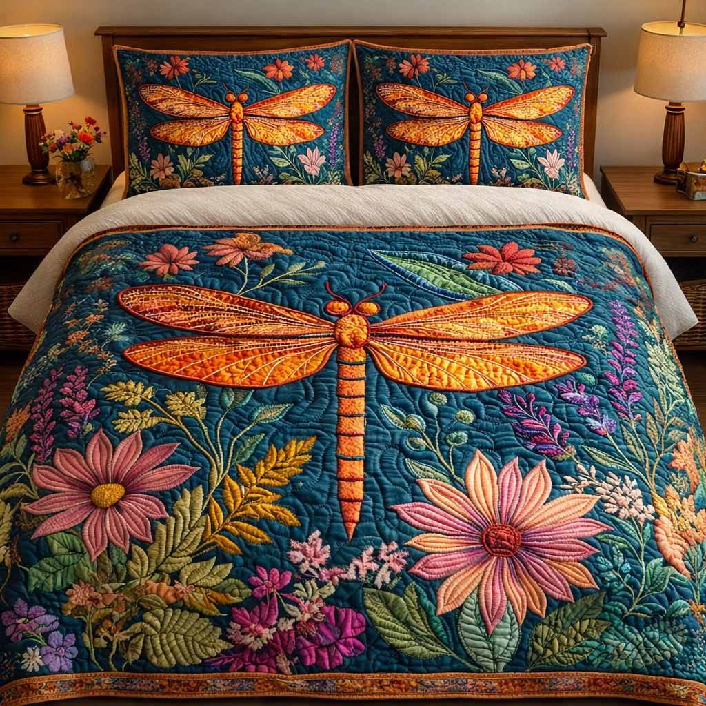 Coral Meadow quilted 3-piece bedding set on a made bed in a light coastal bedroom