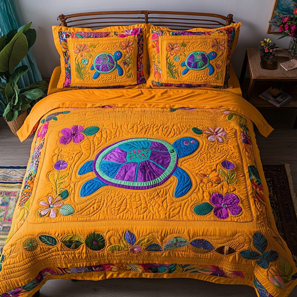 Coral Reef Comfor quilted 3-piece bedding set on a made bed in a light coastal bedroom