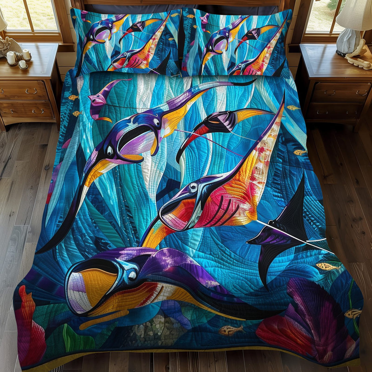Coral Reef Majesty quilted 3-piece bedding set on a made bed in a light coastal bedroom