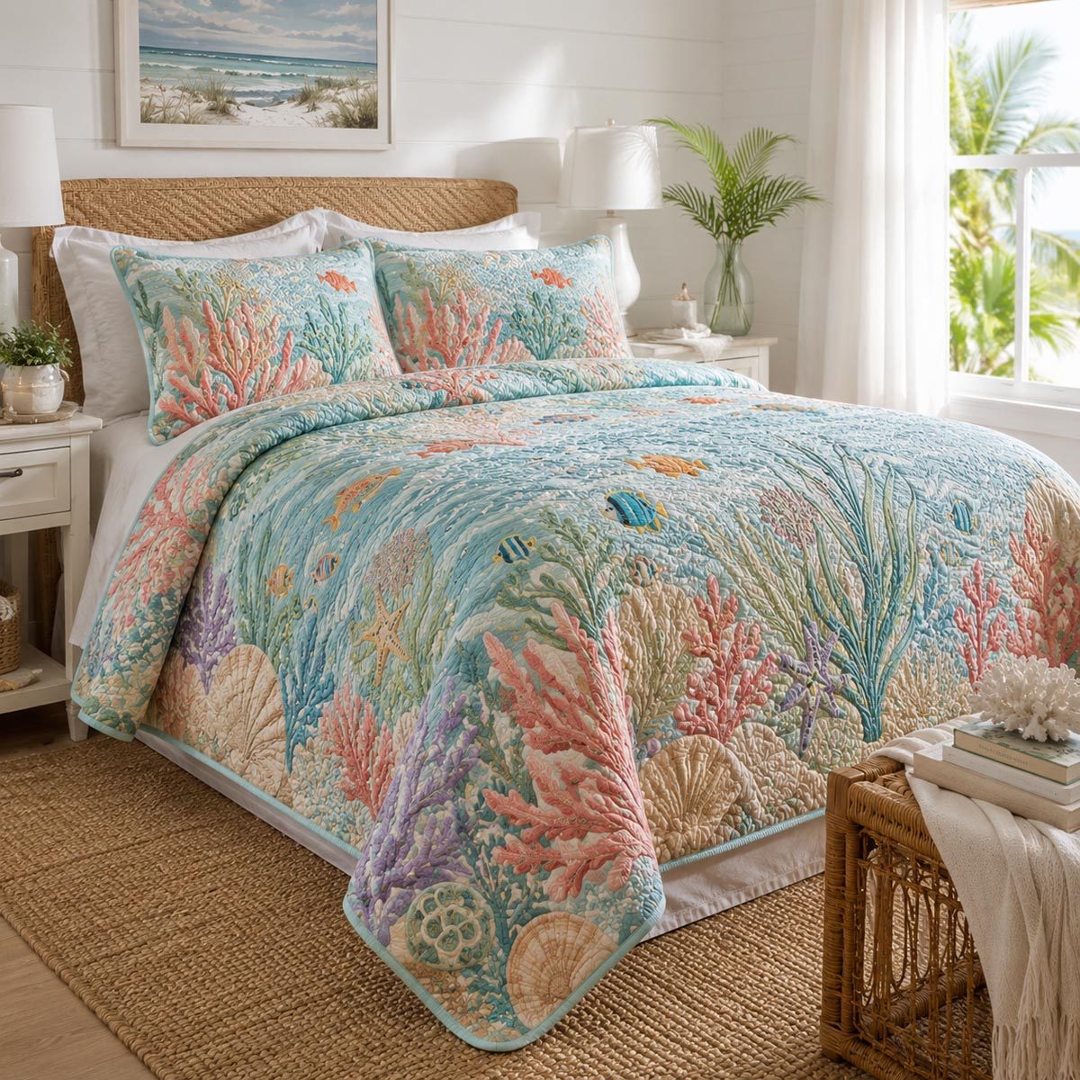 Coral Reef quilted 3-piece bedding set on a made bed in a light coastal bedroom