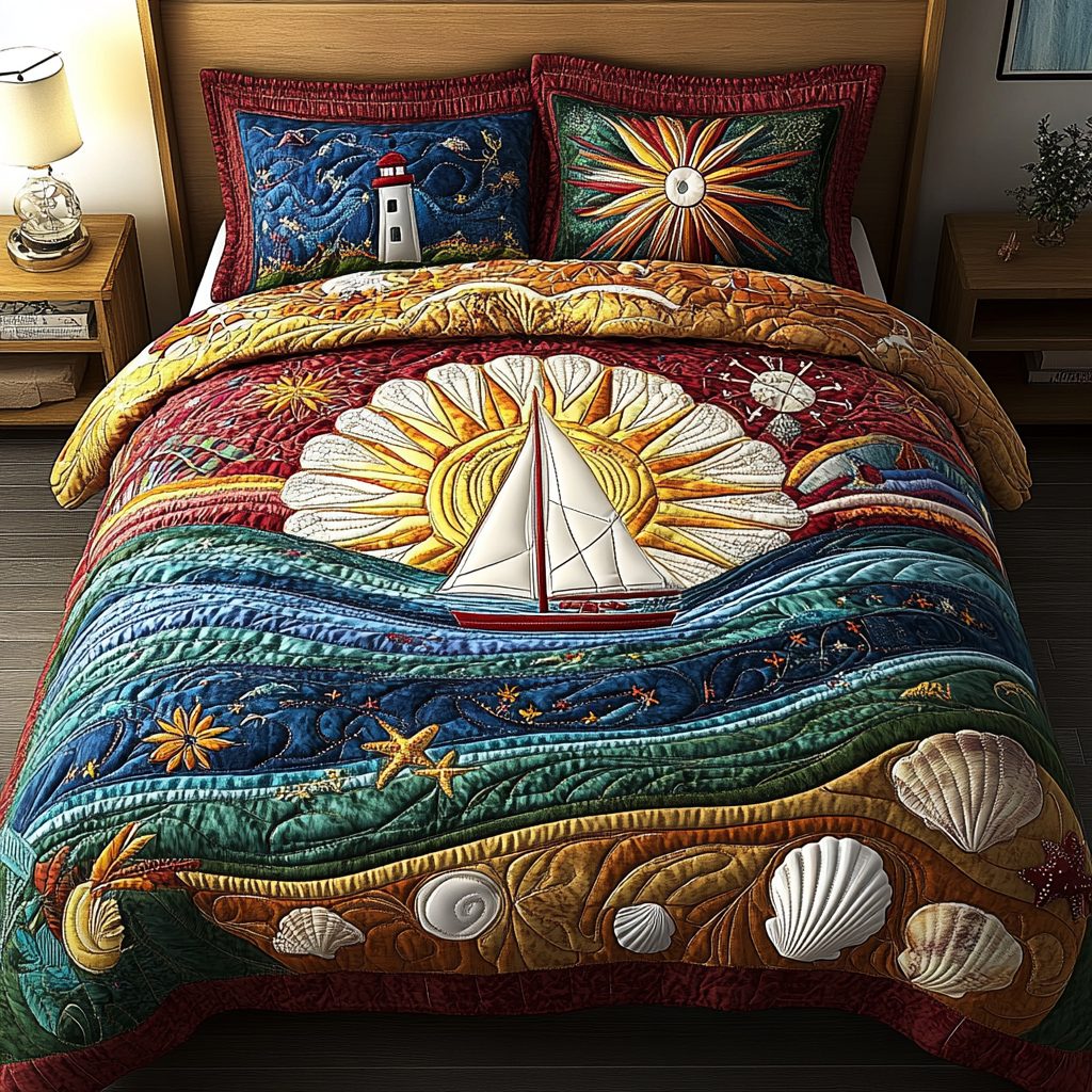 Coral Reef Wonders quilted 3-piece bedding set on a made bed in a light coastal bedroom