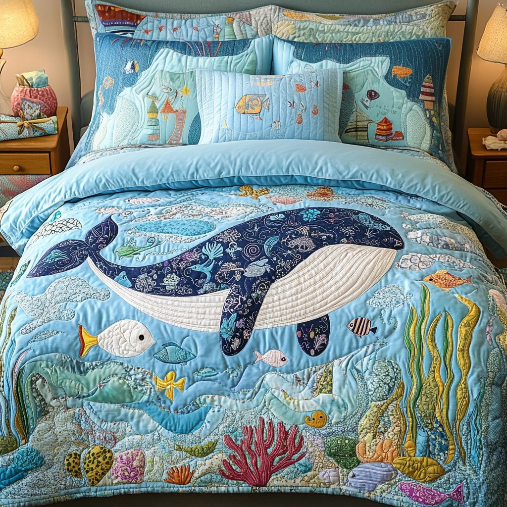 Coral Sky quilted 3-piece bedding set on a made bed in a light coastal bedroom